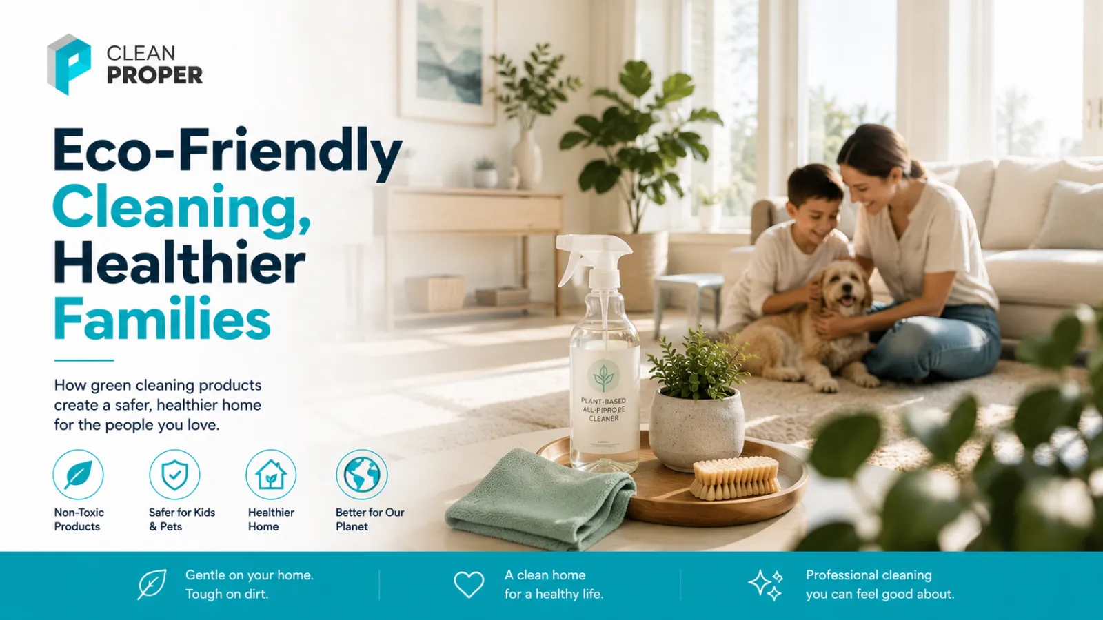 Eco-friendly cleaning products on a bright kitchen counter