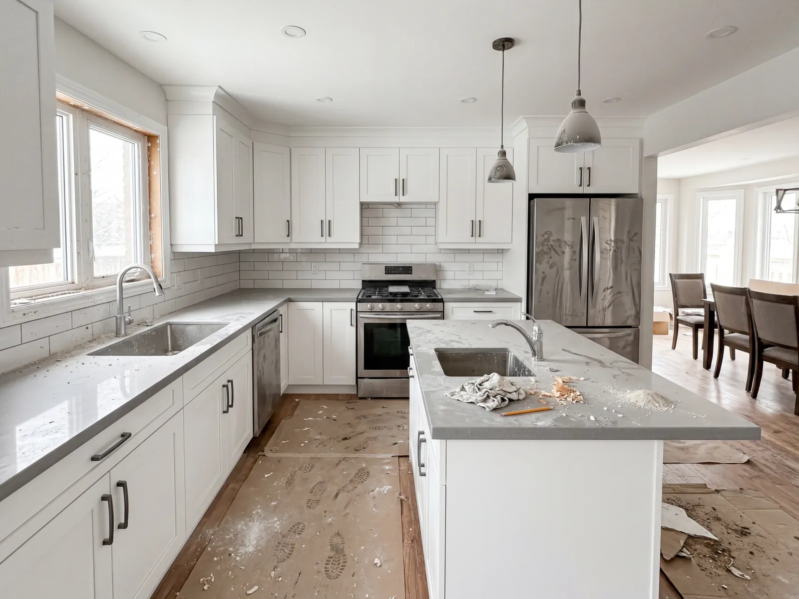 A newly built kitchen covered in fine construction dust and debris, before a Clean Proper post-construction clean